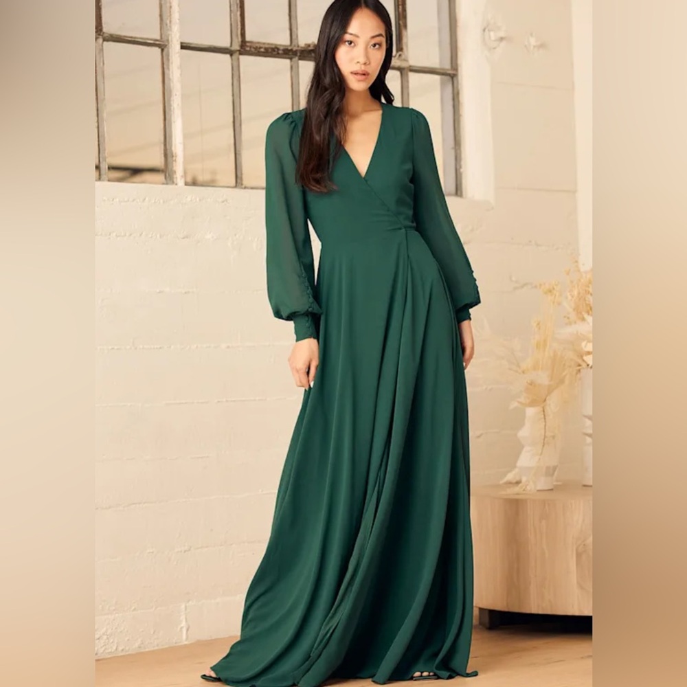 NWT Lulus My Whole Heart Emerald Green Long Sleeve Wrap Dress